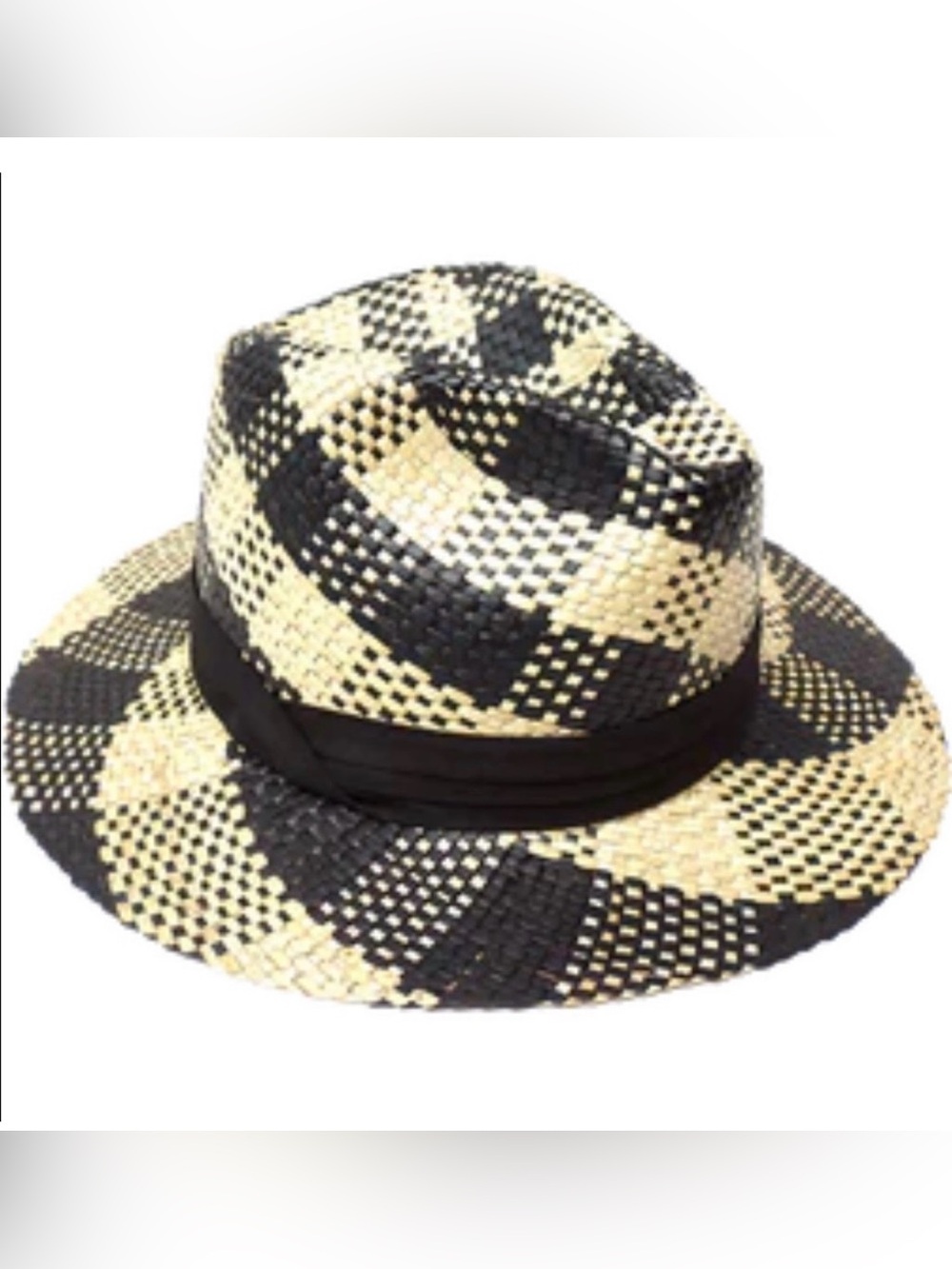 PANAMA STRAW HAT. Unisex. Cross-weave w/natural palm fiber in black-tan colors.